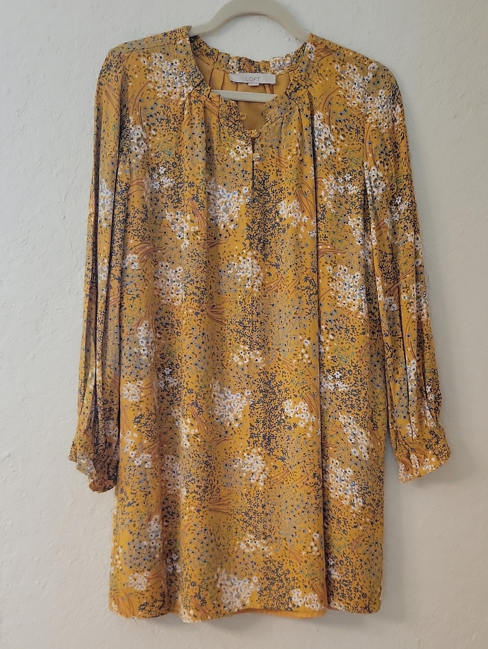 LOFT Yellow Floral-Print Long Sleeve Tunic Dress